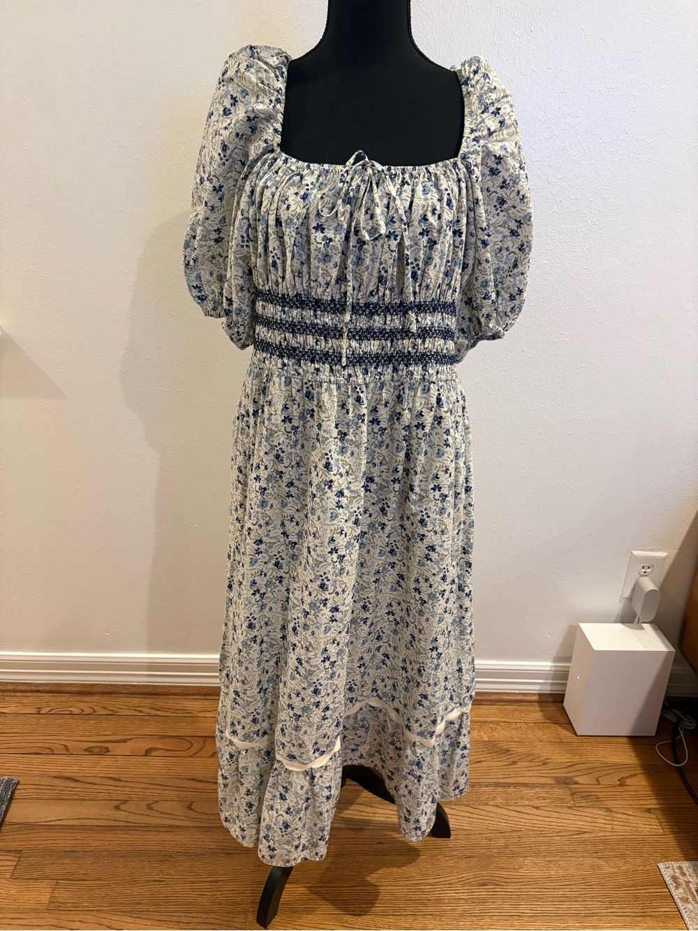 Johnny Was White Maxi Dress with Blue Floral Print